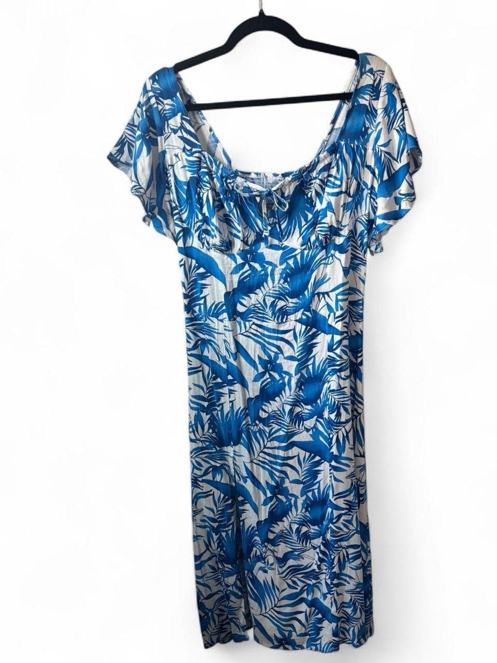 NWOT white and blue tropical leaf print midi dress with tie front detail-size M